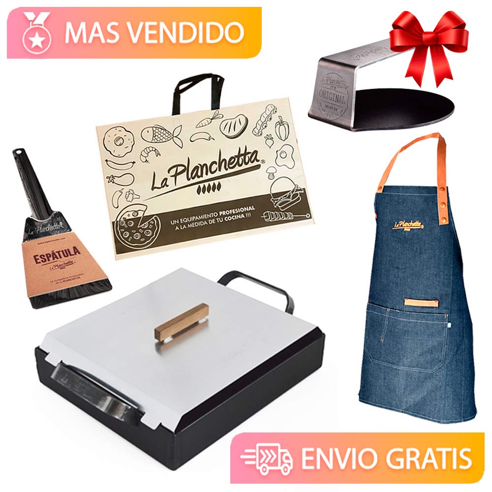 combo conteniendo delantal, planchetta de 1 hornalla, espatula, bolsa, y smasher de regalo