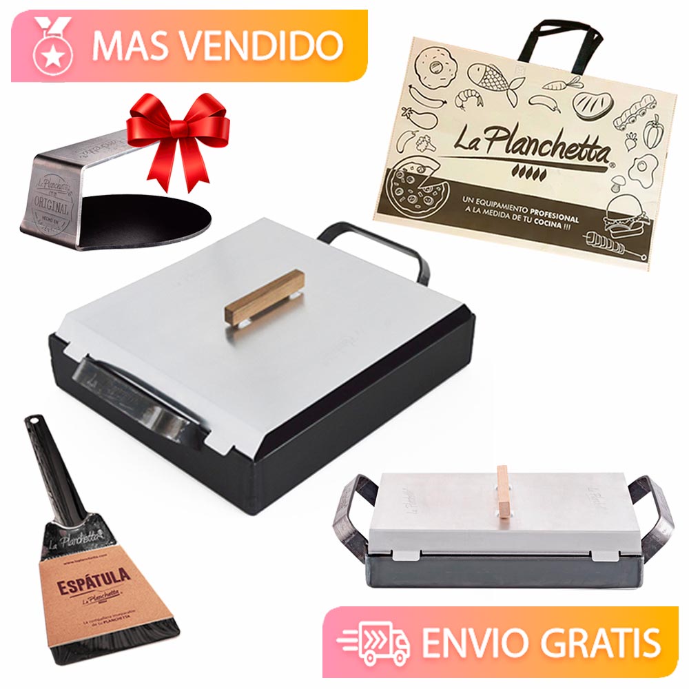 combo conteniendo planchettitta, planchetta de 1 hornallas, espatula, bolsa, y smasher de regalo