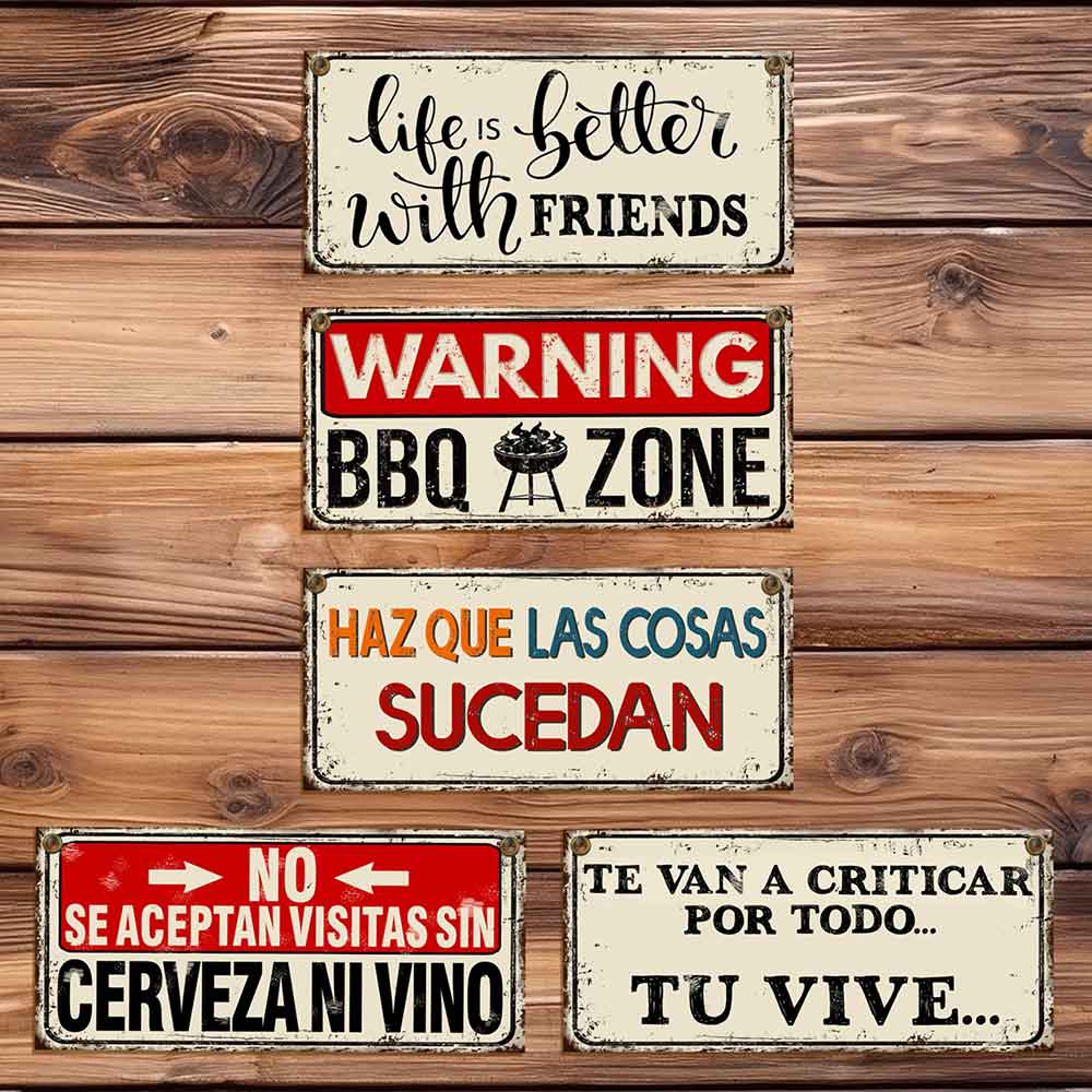 set de 5 carteles y chapas decorativas retro vintage onda quincho