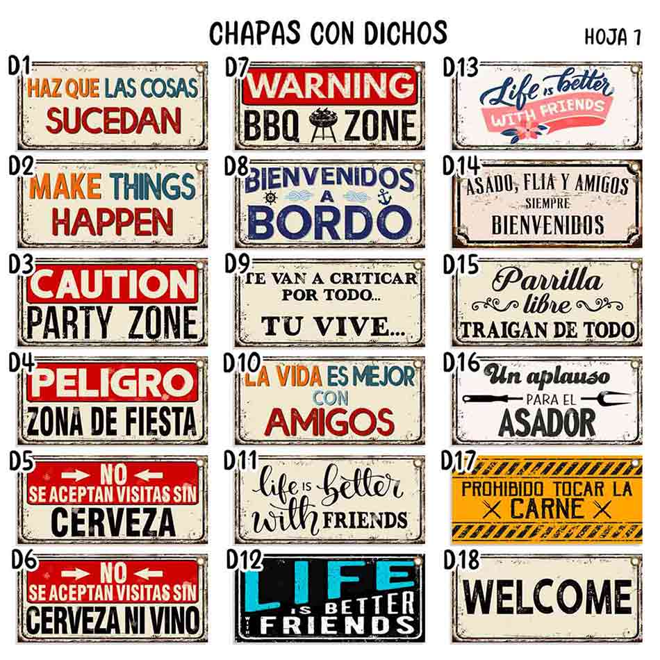 carteles y CHAPAS decorativas retro vintage de dichos y frases