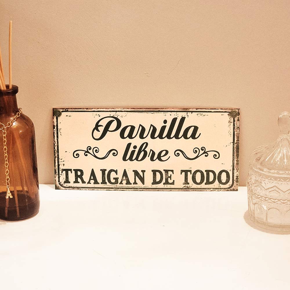 cartel chapas decorativas retro vintage con frase parrilla traigan de todo