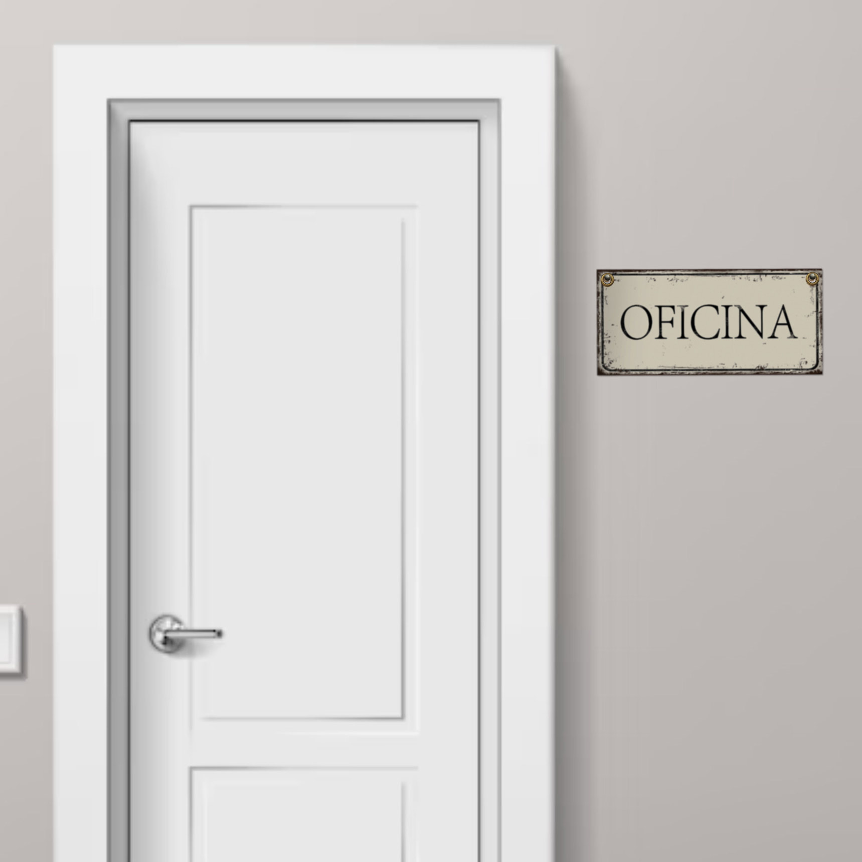 puerta blanca con cartel y chapa decorativa retro vintage oficina