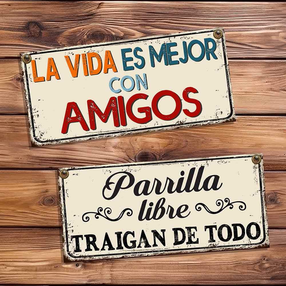 set de 10 carteles y chapas decorativas retro vintage ideales para un quincho