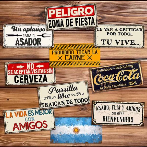 set de 10 carteles y chapas decorativas retro vintage ideales para un quincho
