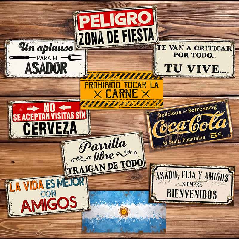 set de 10 carteles y chapas decorativas retro vintage ideales para un quincho