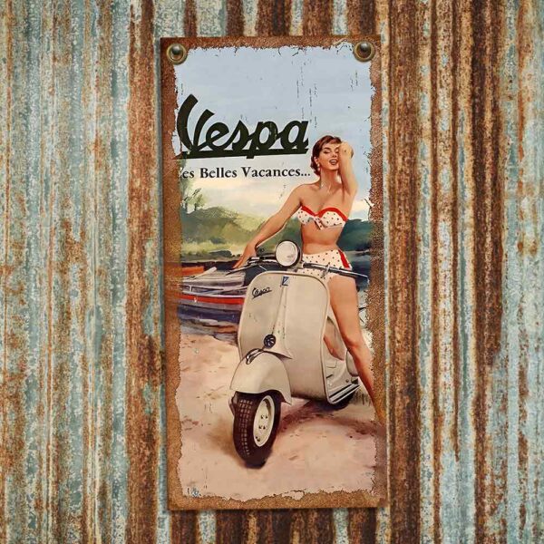 cartel y CHAPA decorativa retro vintage de motos vespa