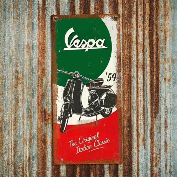 cartel y CHAPA decorativa retro vintage de motos vespa