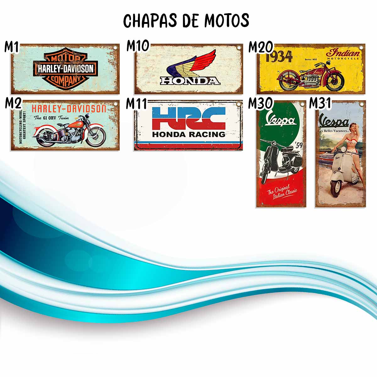 carteles y CHAPAS decorativas retro vintage de motos harley davidson, honda y vespa. catalogo