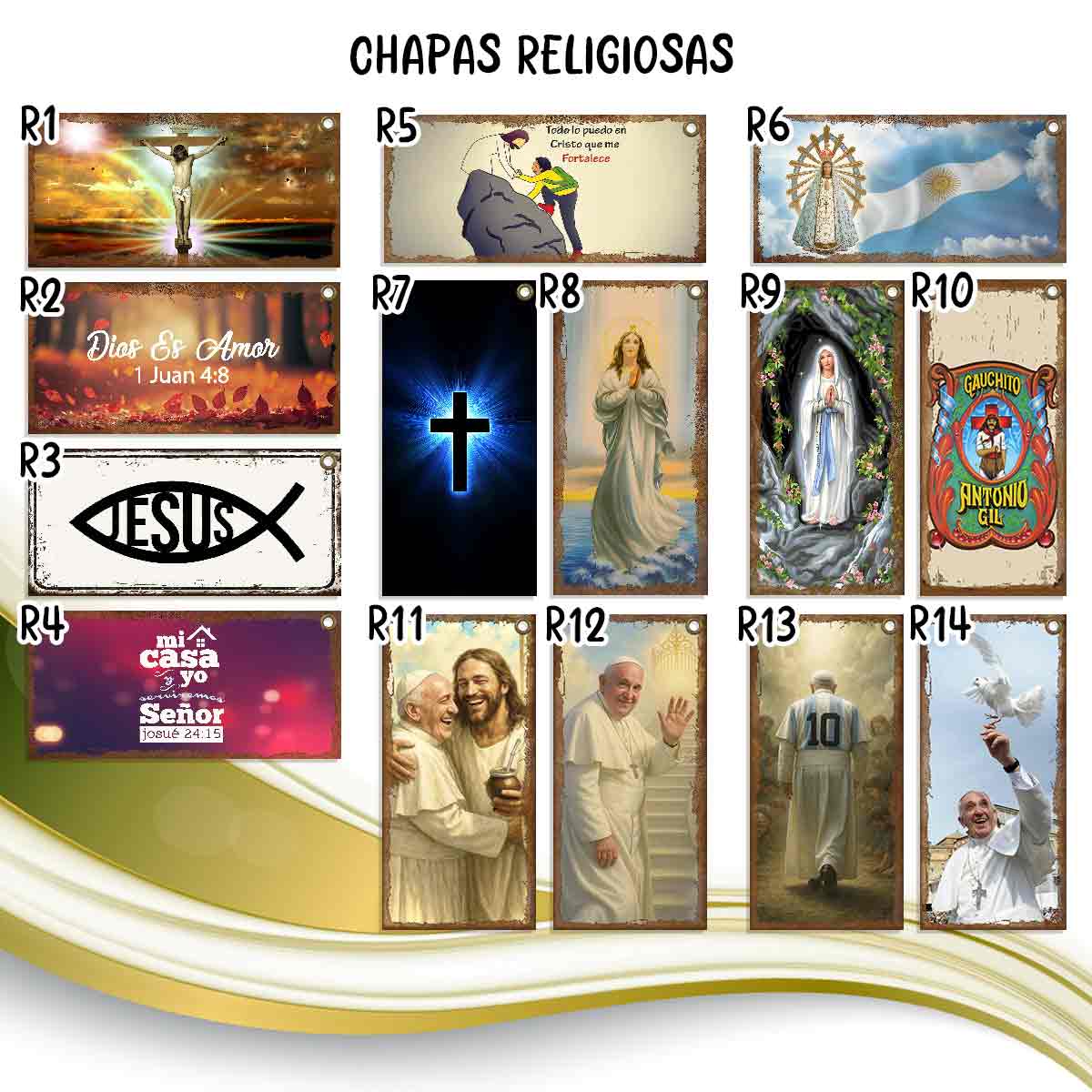 carteles y Chapas decorativas retro vintage religiosas. Modelos: Dios, Jesus, Virgen Maria, papa francisco, virguen de lurdes y frases religiosas. catalogo