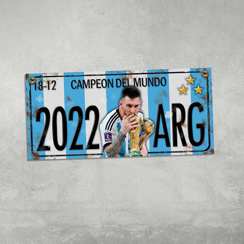 cartel y chapa decorativa retro vintage de futbol, campeon del mundo mundial 2022. messi