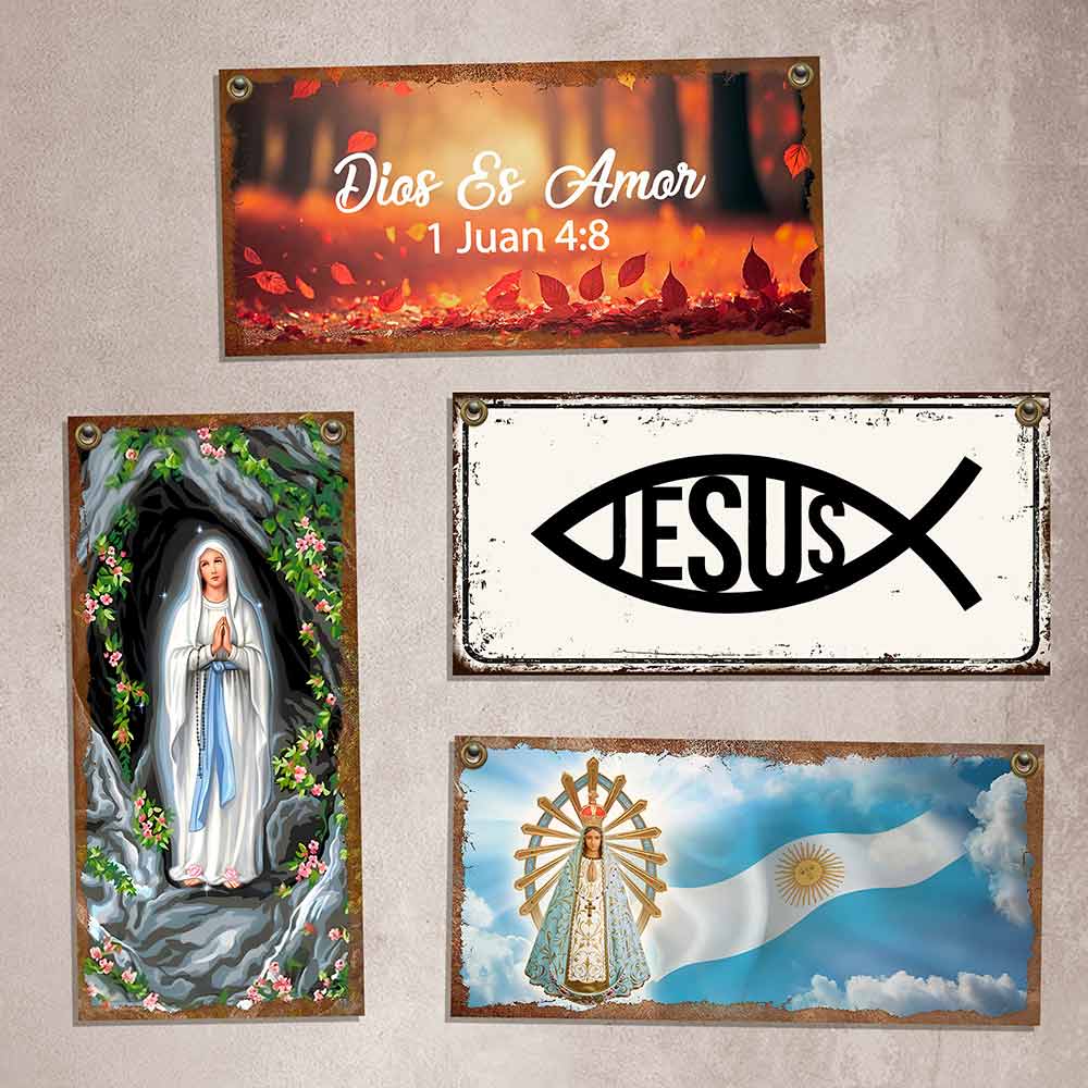 carteles y Chapas decorativas retro vintage religiosas. Modelos: Dios, Jesus, Virgen Maria, papa francisco, virguen de lurdes y frases religiosas