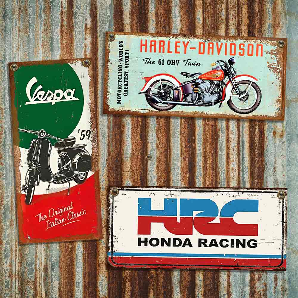 carteles y CHAPAS decorativas retro vintage de motos harley davidson, honda y vespa