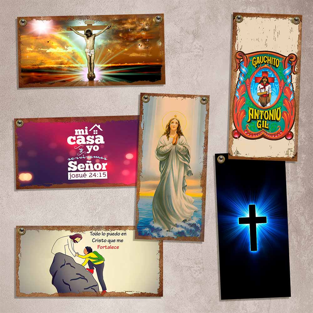 carteles y Chapas decorativas retro vintage religiosas. Modelos: Dios, Jesus, Virgen Maria, papa francisco, virguen de lurdes y frases religiosas