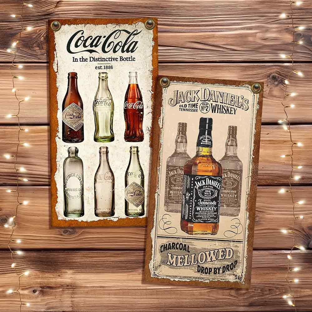 set de 10 carteles y Chapas decorativas retro vintage de bebidas. Coca Cola y Jack Daniels