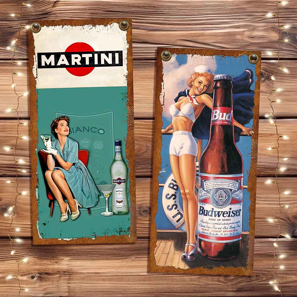 set de 10 carteles y Chapas decorativas retro vintage de bebidas. Martini y Budweiser