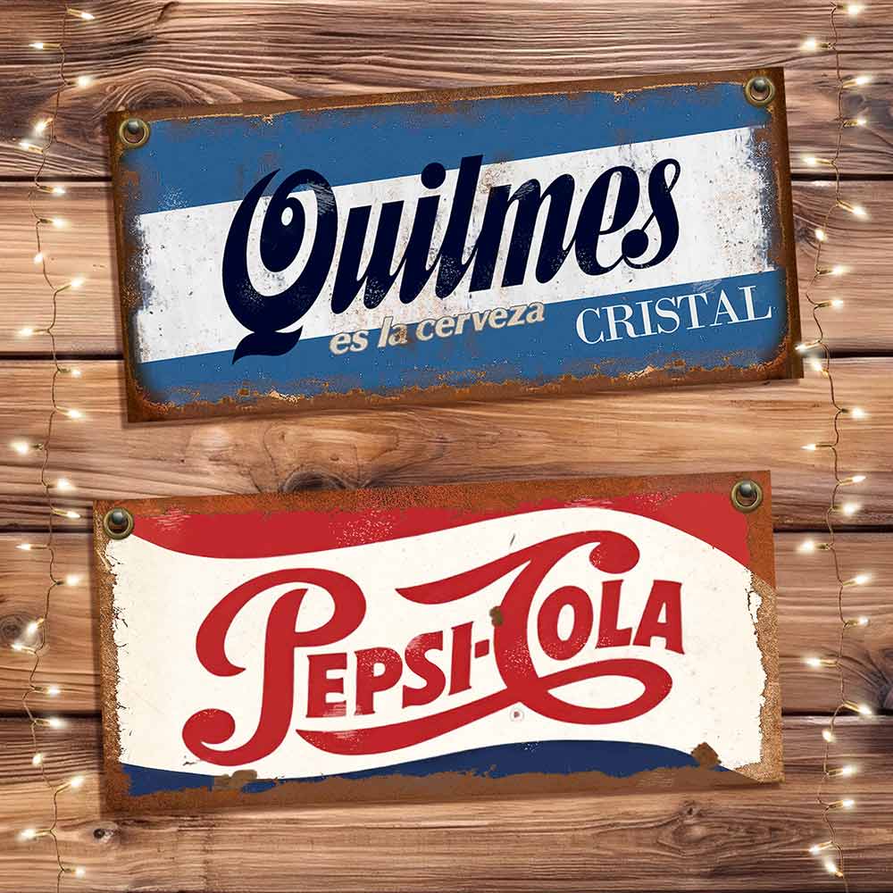 set de 10 carteles y Chapas decorativas retro vintage de bebidas. quilmes y pepsi