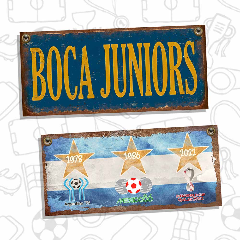 Set de 10 carteles y chapas retro vintage de Boca Juniors, mundiales, messi, maradona y mundial 78