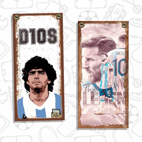 cartel chapa decorativa retro vintage de maradona dios y messi
