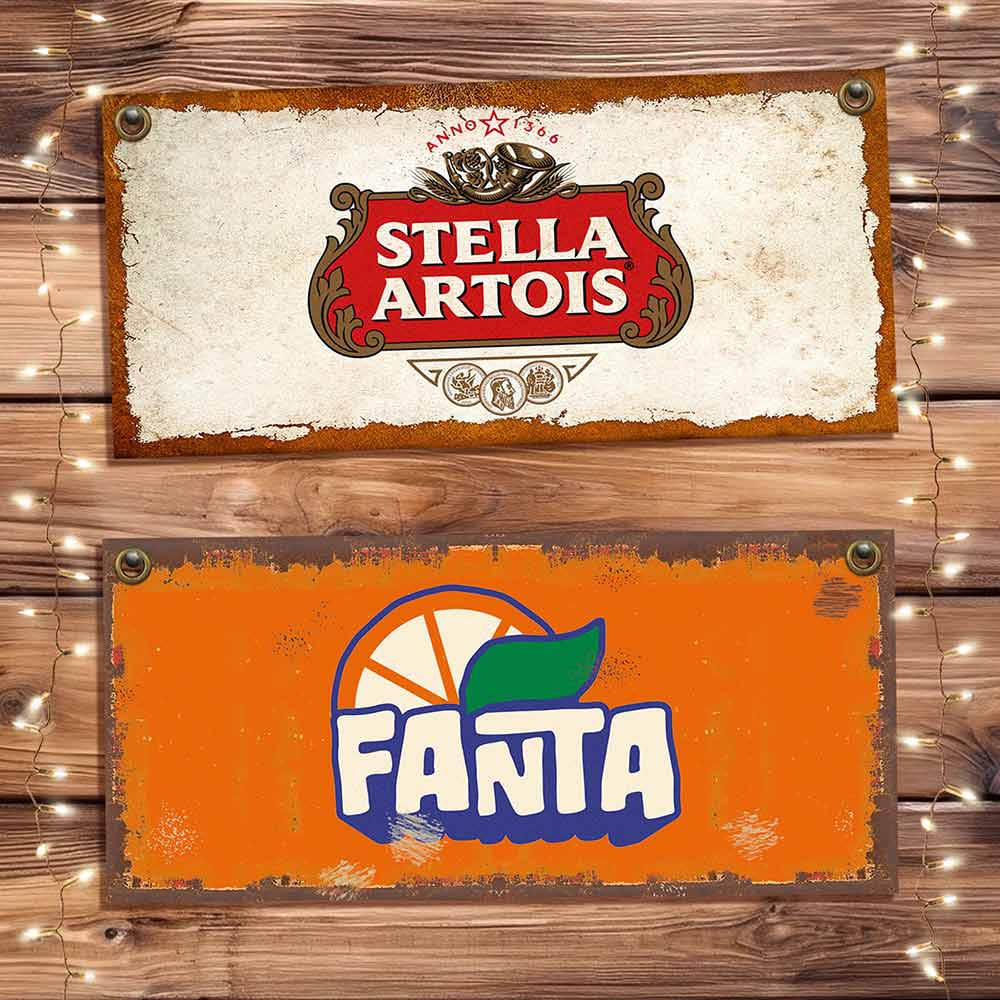 set de 10 carteles y Chapas decorativas retro vintage de bebidas. stella artois y fanta