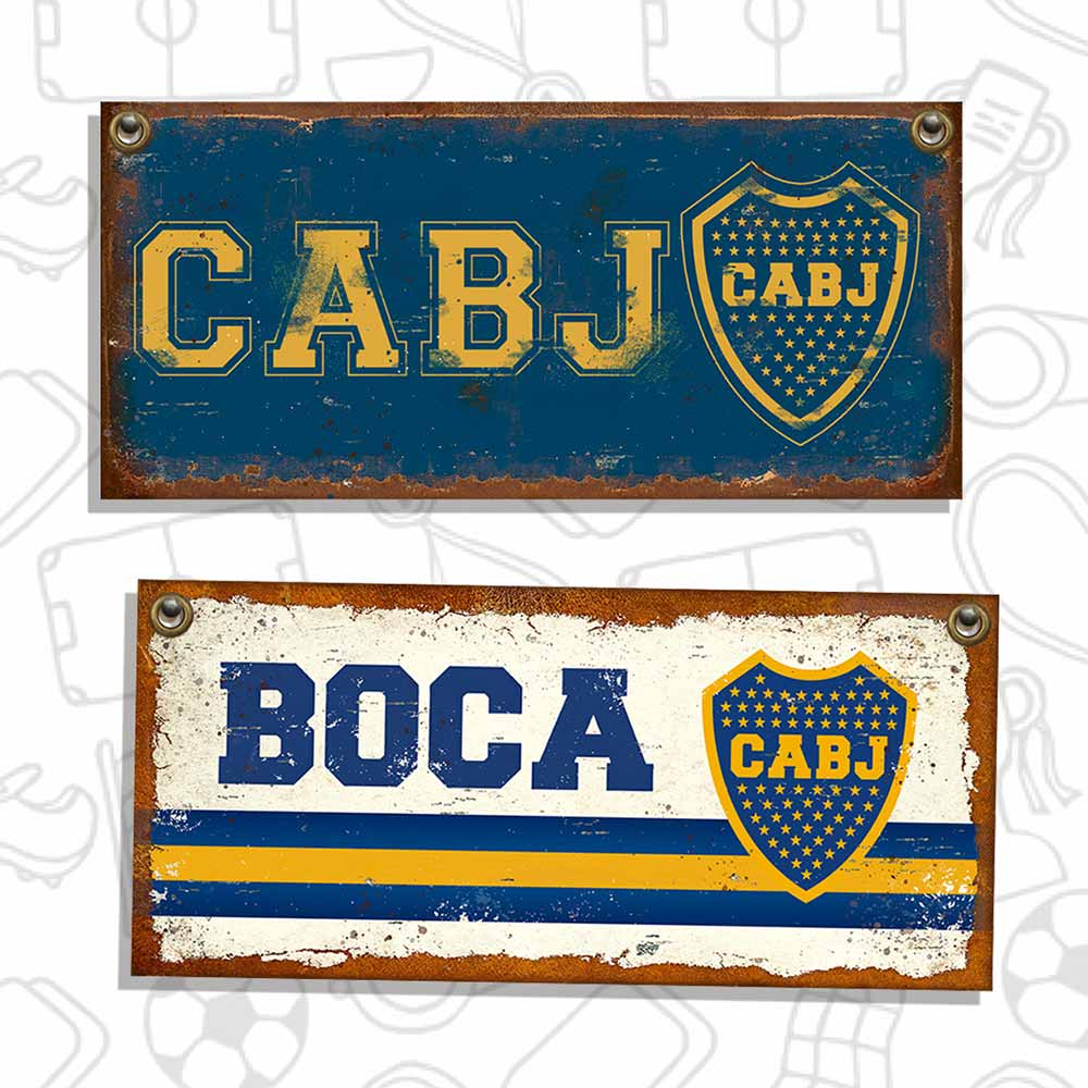 Set de 10 carteles y chapas retro vintage de Boca Juniors, mundiales, messi, maradona y mundial 78