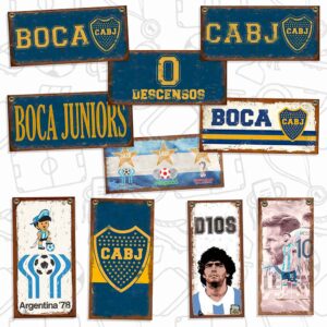 Set de 10 carteles y chapas retro vintage de Boca Juniors, mundiales, messi, maradona y mundial 78