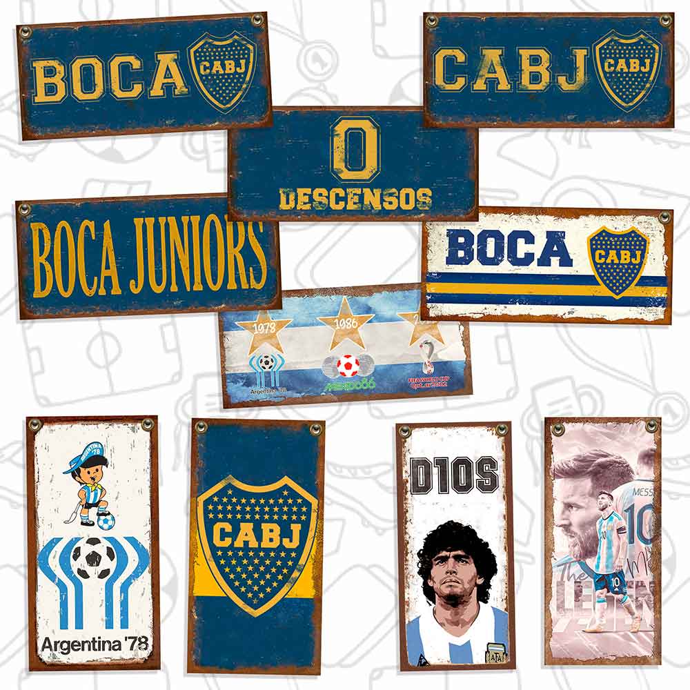 Set de 10 carteles y chapas retro vintage de Boca Juniors, mundiales, messi, maradona y mundial 78