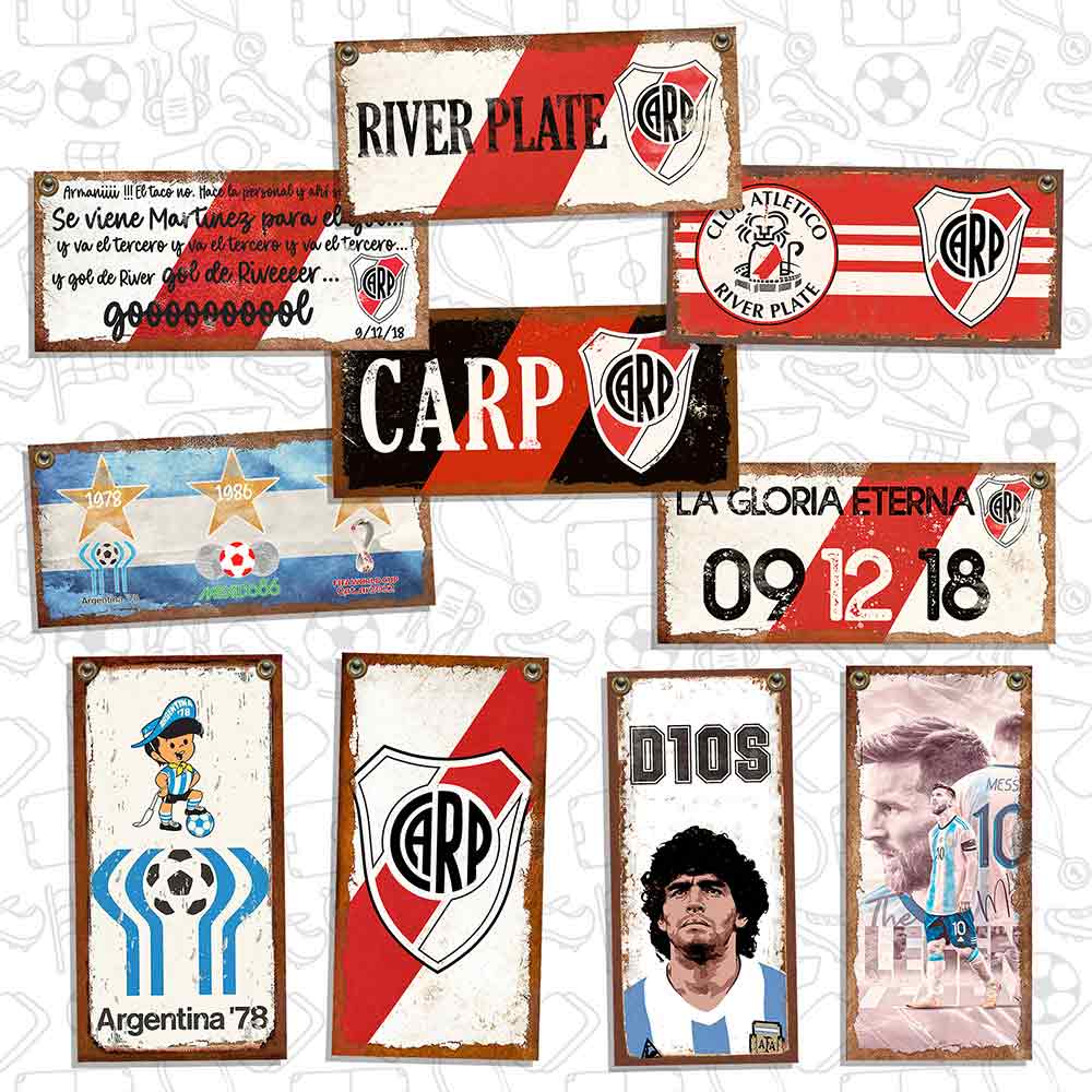set de 10 carteles y chapas decorativas retro vintage de river plate, 3 mundiales, messi, maradona y mundial 78