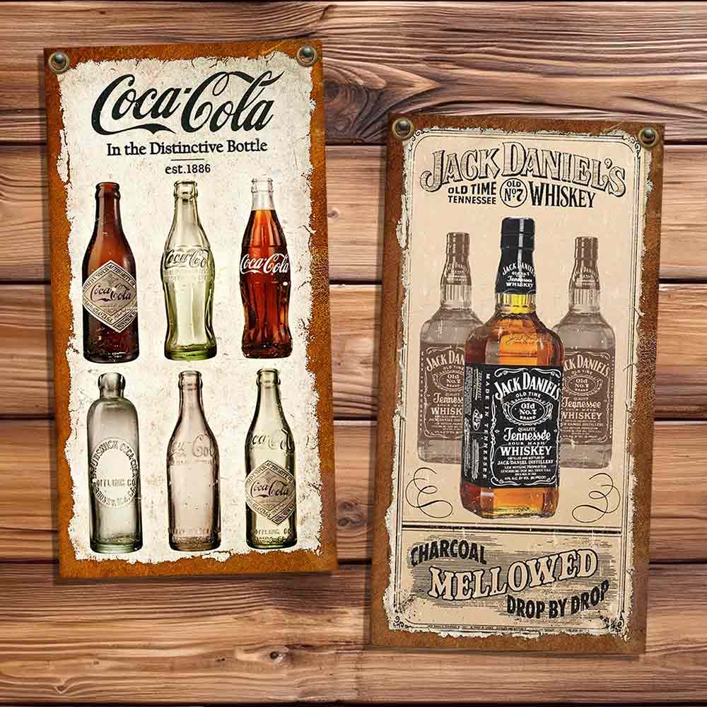 set de 10 carteles y chapas decorativas retro vintage de amistad, bebidas, motos, y autos.