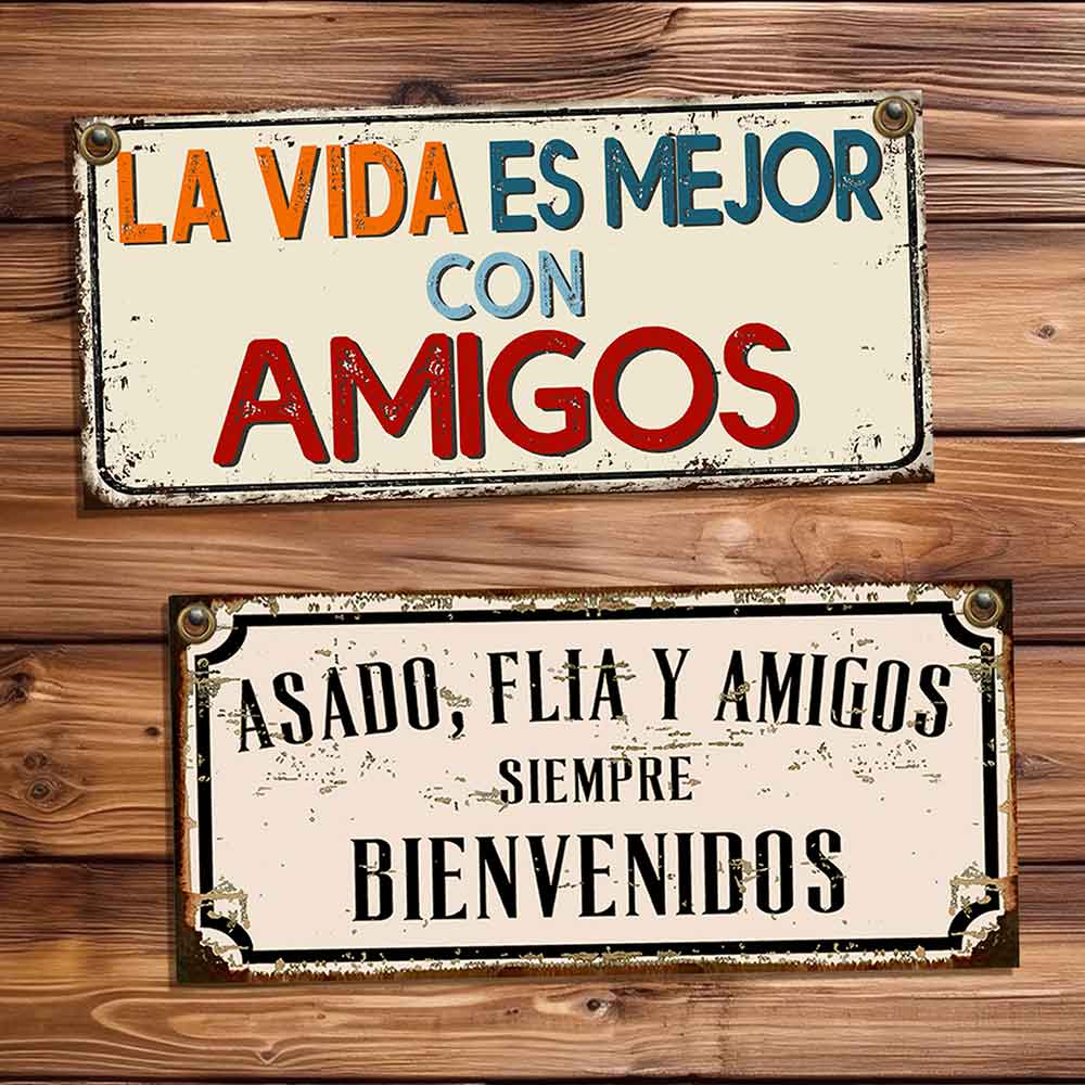 set de 10 carteles y chapas decorativas retro vintage de amistad, bebidas, motos, y autos.