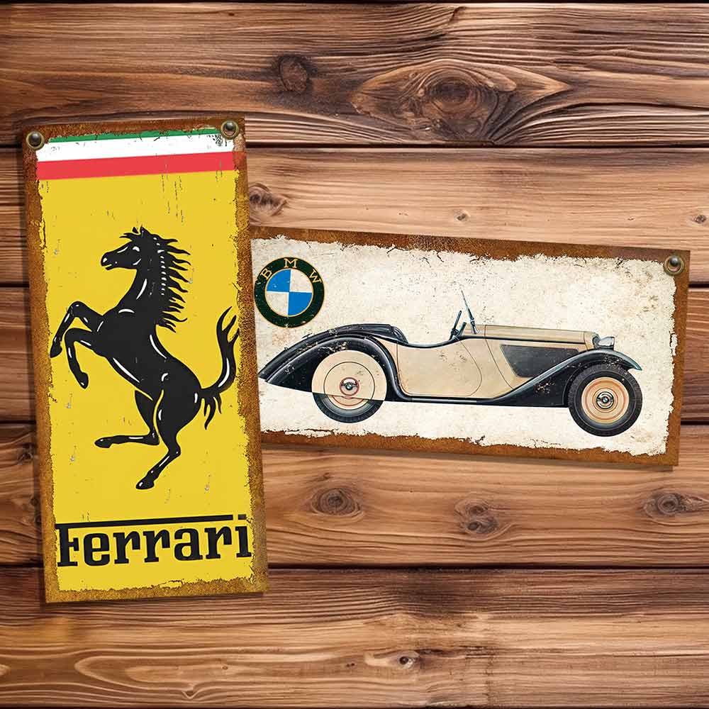 set de 10 carteles y chapas decorativas retro vintage de amistad, bebidas, motos, y autos.