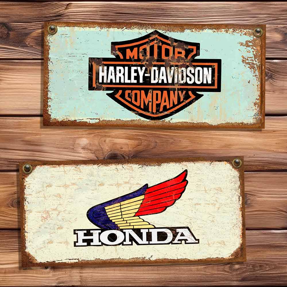 set de 10 carteles y chapas decorativas retro vintage de amistad, bebidas, motos, y autos.