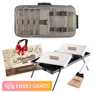 Combo de La Planchetta de 2 hornallas, paras, tapas, espatula y bolsa de tela de regalo.