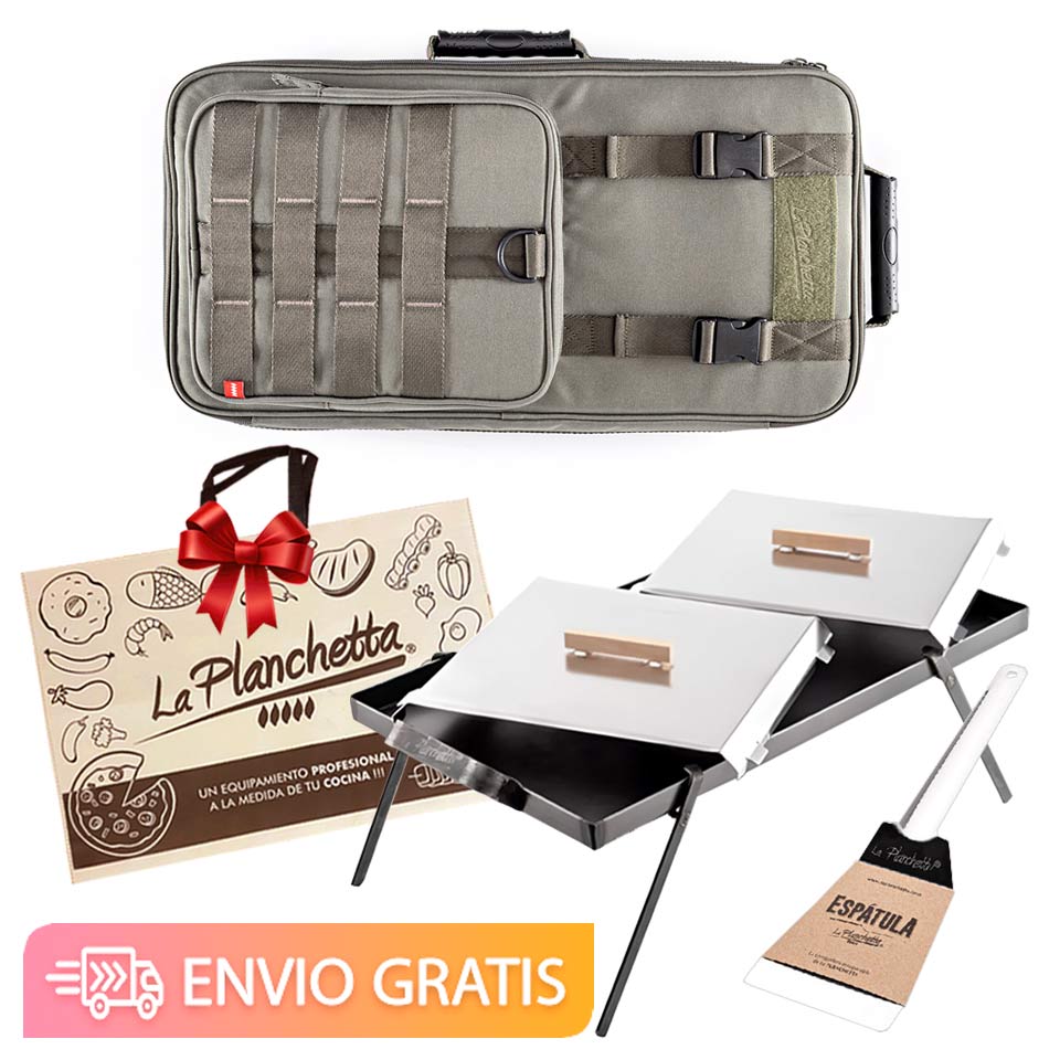 Combo de La Planchetta de 2 hornallas, paras, tapas, espatula y bolsa de tela de regalo.