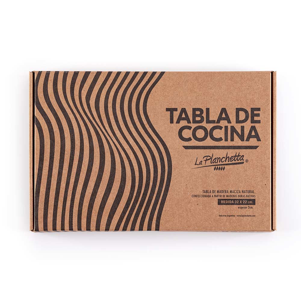 caja conteniendo una Tabla de cocina de madera nativa para picar alimentos. marca La Planchetta.