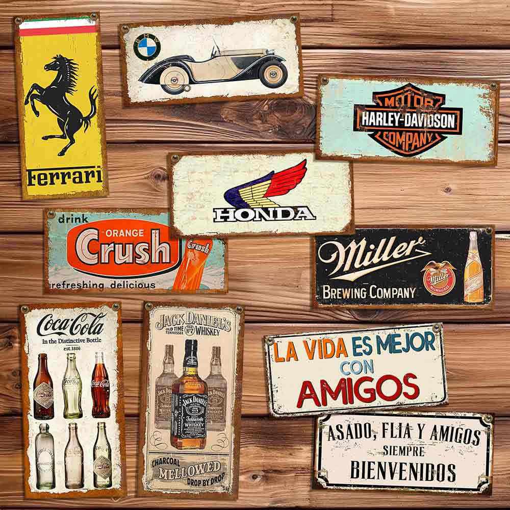 set de 10 carteles y chapas decorativas retro vintage de amistad, bebidas, motos, y autos.